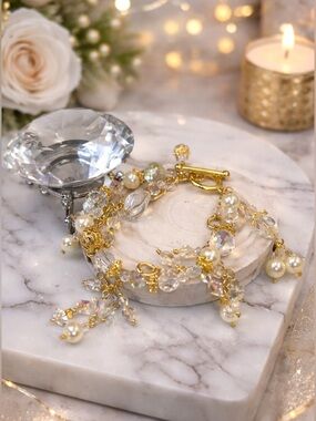 Gold Plated with Genuine Crystal & Pearl Charm Bracelet - 2 bracelets in one.
